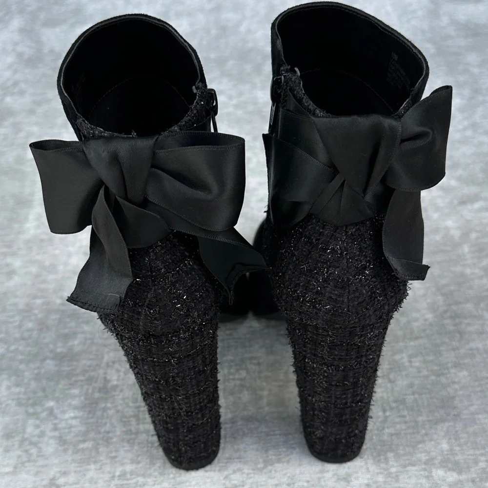 Copper Key Black Ankle Boots with Bow & Glitter Pattern Heel Accent